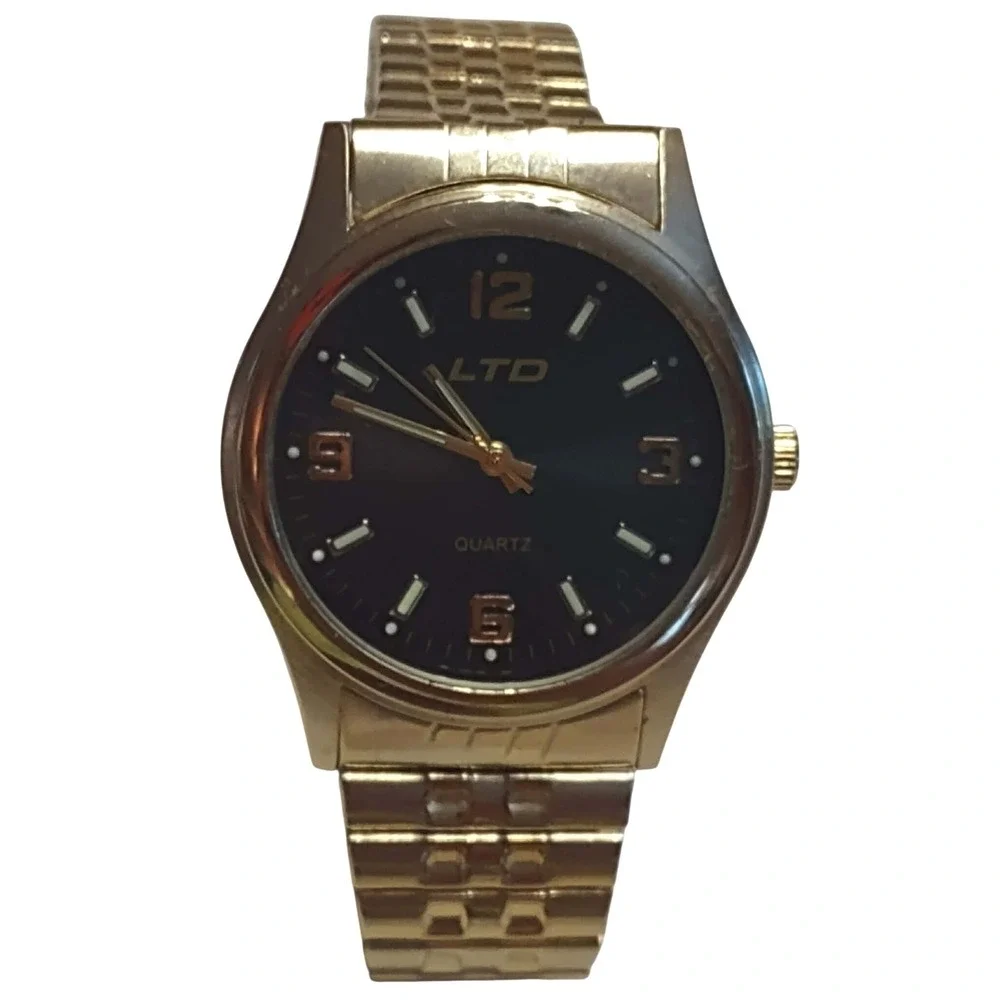 LTD Quartz Watch Gold Tone Black Dial Expansion Band M.Z. Berger BEZ114 WORKS
